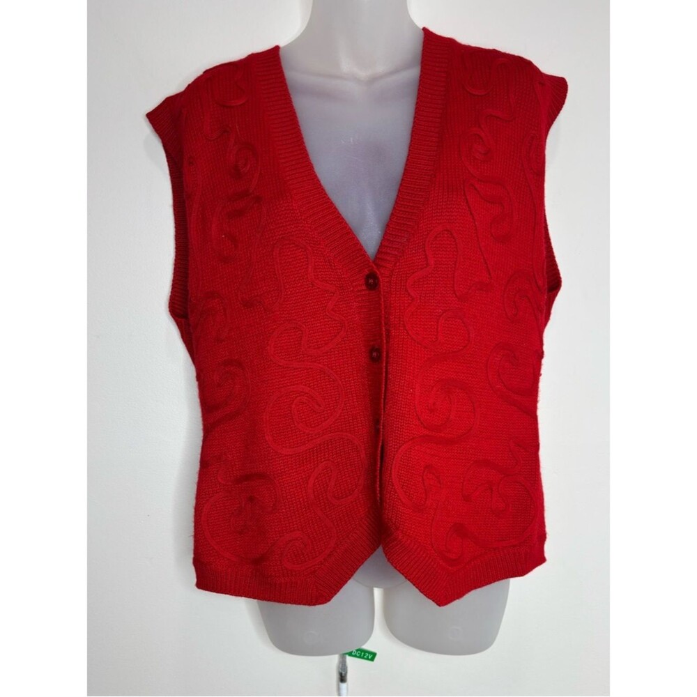 Alfred Dunner vintage wool blend Red VNeck Knit Button-Front Sweater Vest medium